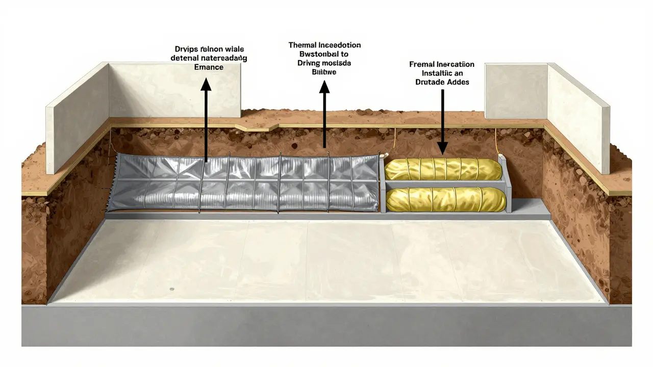 Querschnitt-Darstellung der vier Schritte einer Kellersanierung: Entfeuchtung, Außenabdichtung, Dämmung und Renovierung.