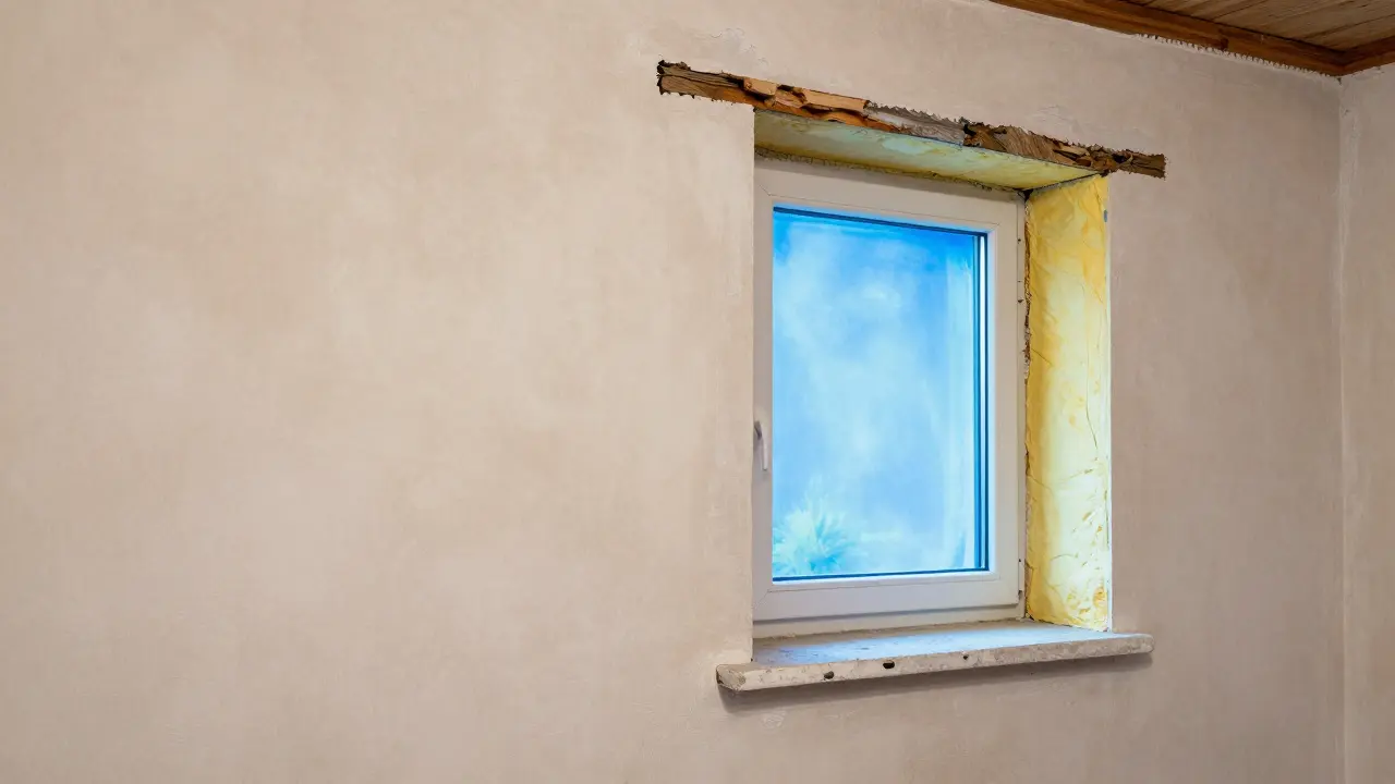 Querschnitt einer Wand mit schlechter Dämmung und Wärmebrücke am Fenster, thermische Unregelmäßigkeiten sichtbar.