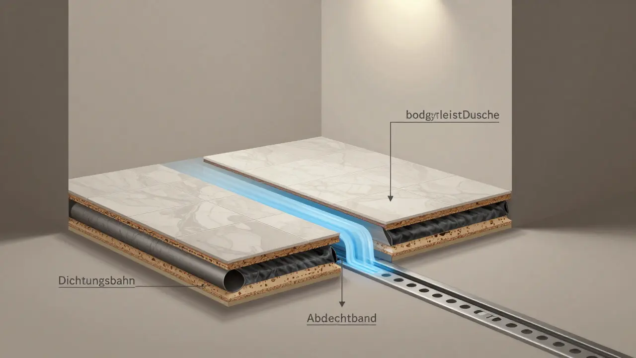 Schnittansicht einer bodengleichen Dusche mit Schichten aus Abdichtung, Estrich und Drainage, Wasserfluss nachgewiesen.