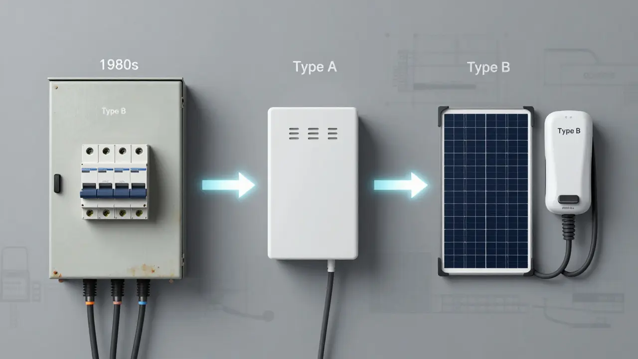 Vergleich der Entwicklung von FI-Schutzschaltern von Typ AC über Typ A bis hin zu Typ B mit Solar- und E-Auto-Anbindung.
