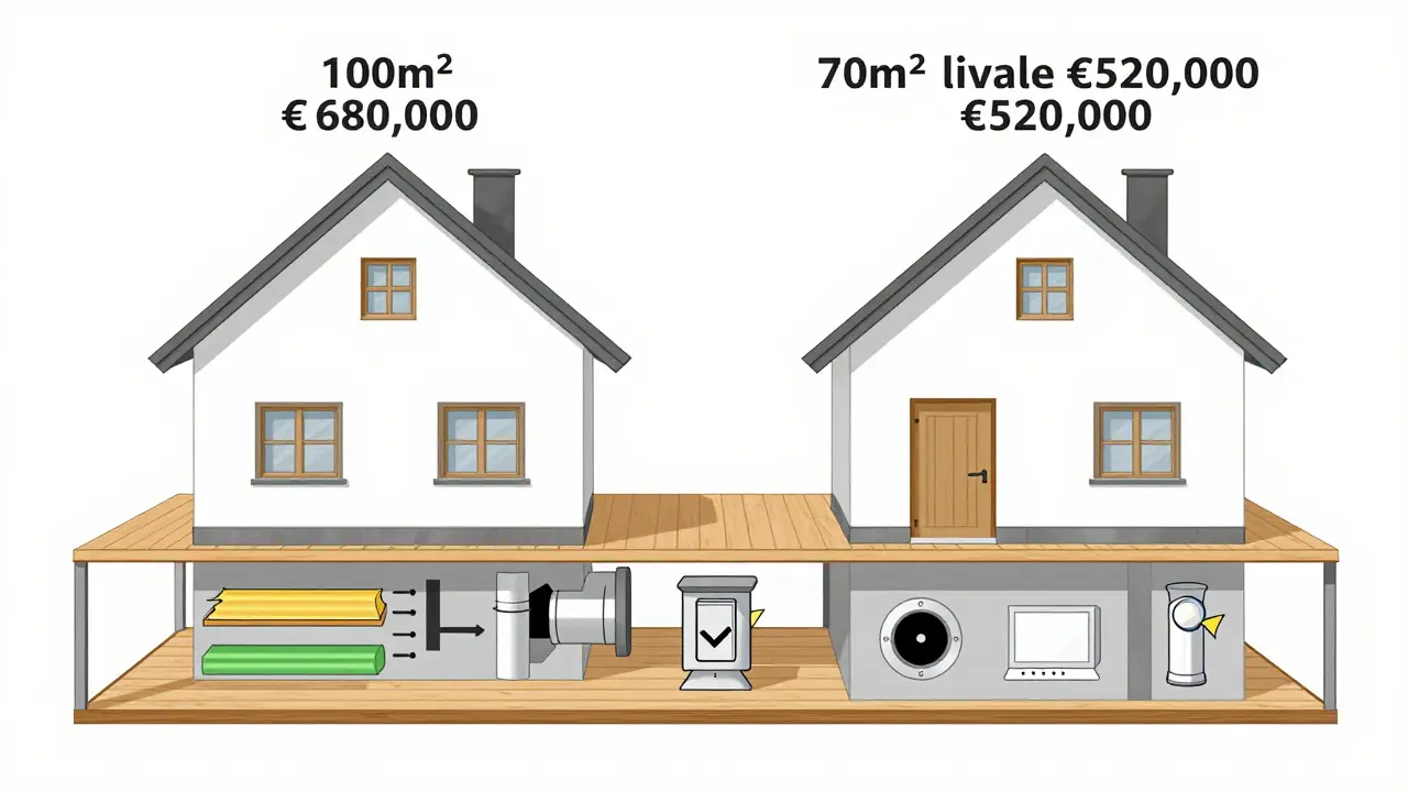 Vergleich der Kosten: Haus mit ausgebautem Keller versus Haus ohne Keller, visualisiert als Querschnitt.