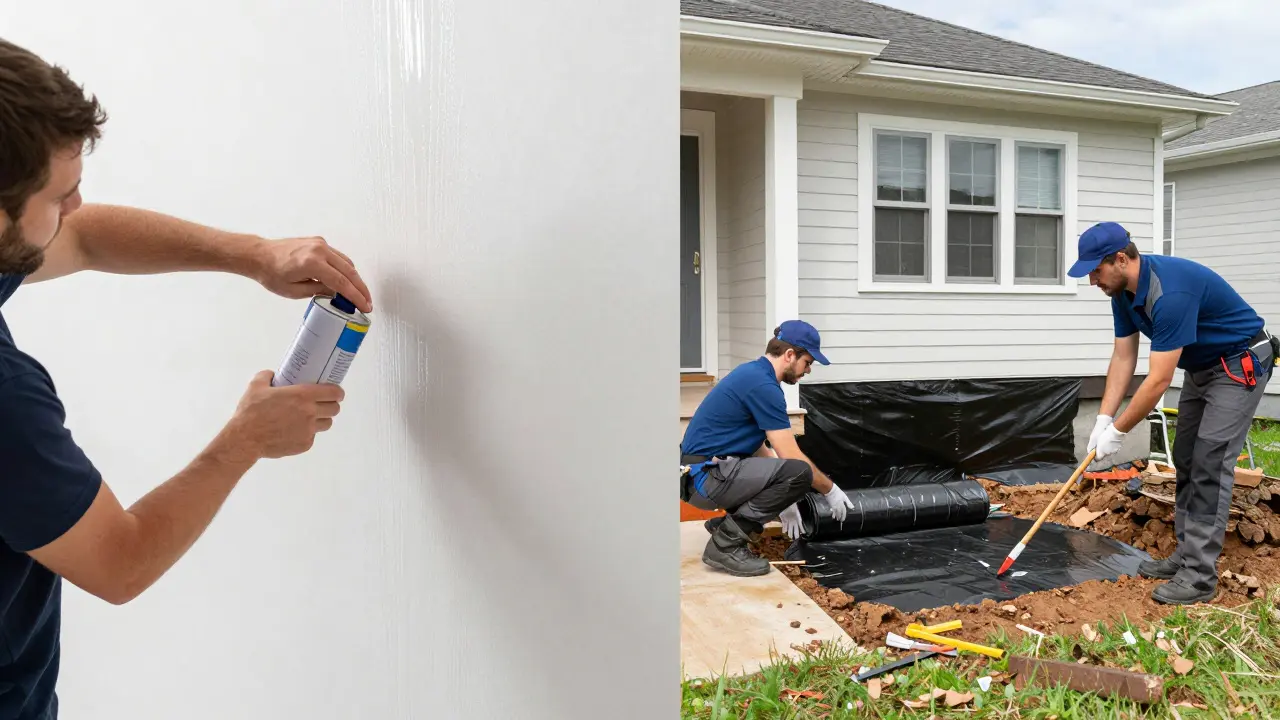 Vergleich: DIY-Innenabdichtung mit durchdringender Feuchtigkeit vs. professionelle Außenabdichtung mit Aushub.