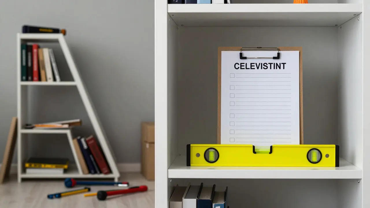 Vergleich: ein schiefes Regal neben einem perfekt ausgerichteten Regal mit Prüfwerkzeugen und Fotos.