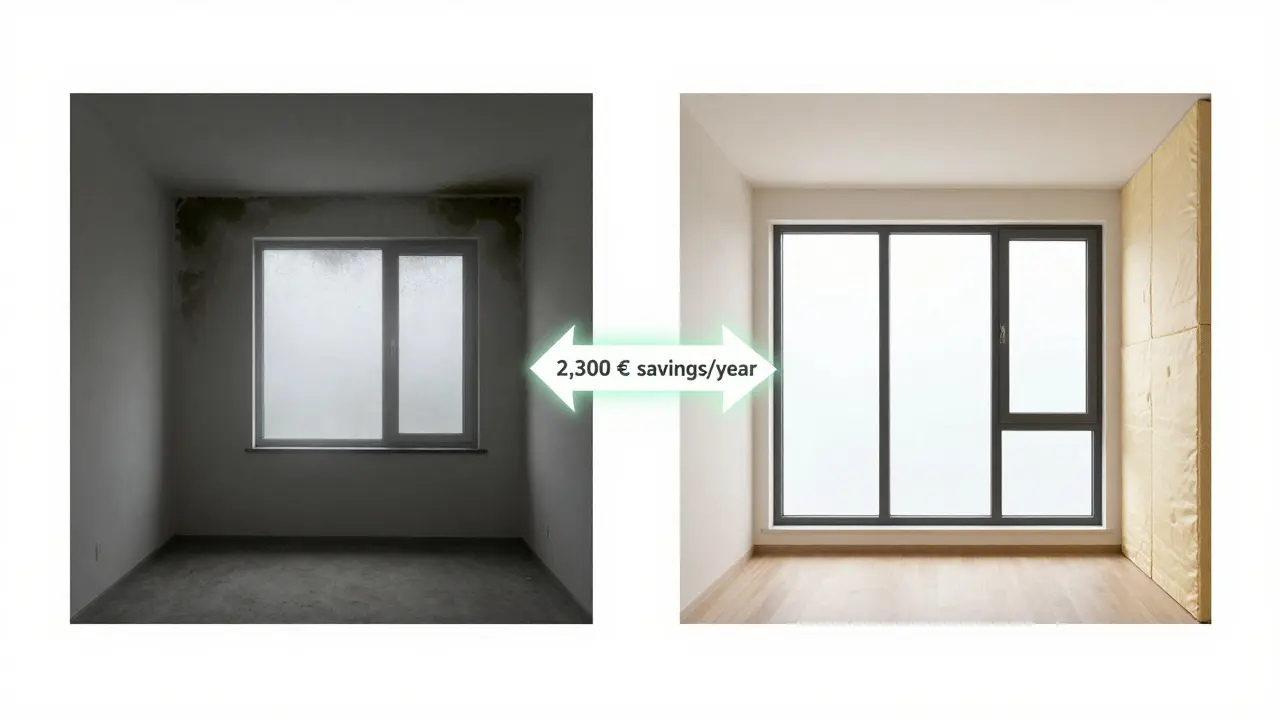 Vergleich eines schlecht isolierten Hauses mit einem energieeffizienten: linke Seite mit Schimmel, rechte Seite mit modernen Fenstern.