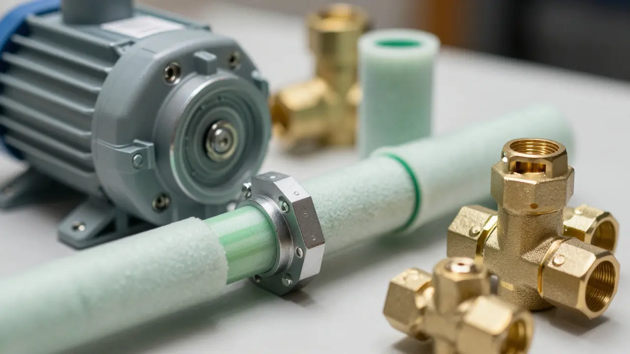 Zirkulationspumpe und isolierte Leitungen als Detailaufnahme.