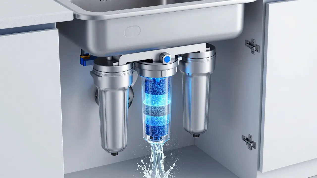 3D-Darstellung eines 5-Stufen-Unterbau-Wasserfiltersystems unter einer Spüle.