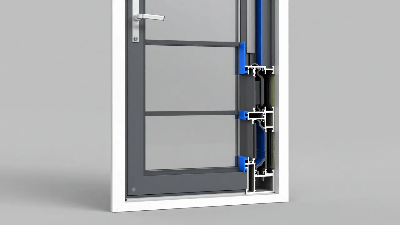 3D-Querschnitt einer energieeffizienten Haustür mit Dreifachverglasung und Mehrfachdichtung.