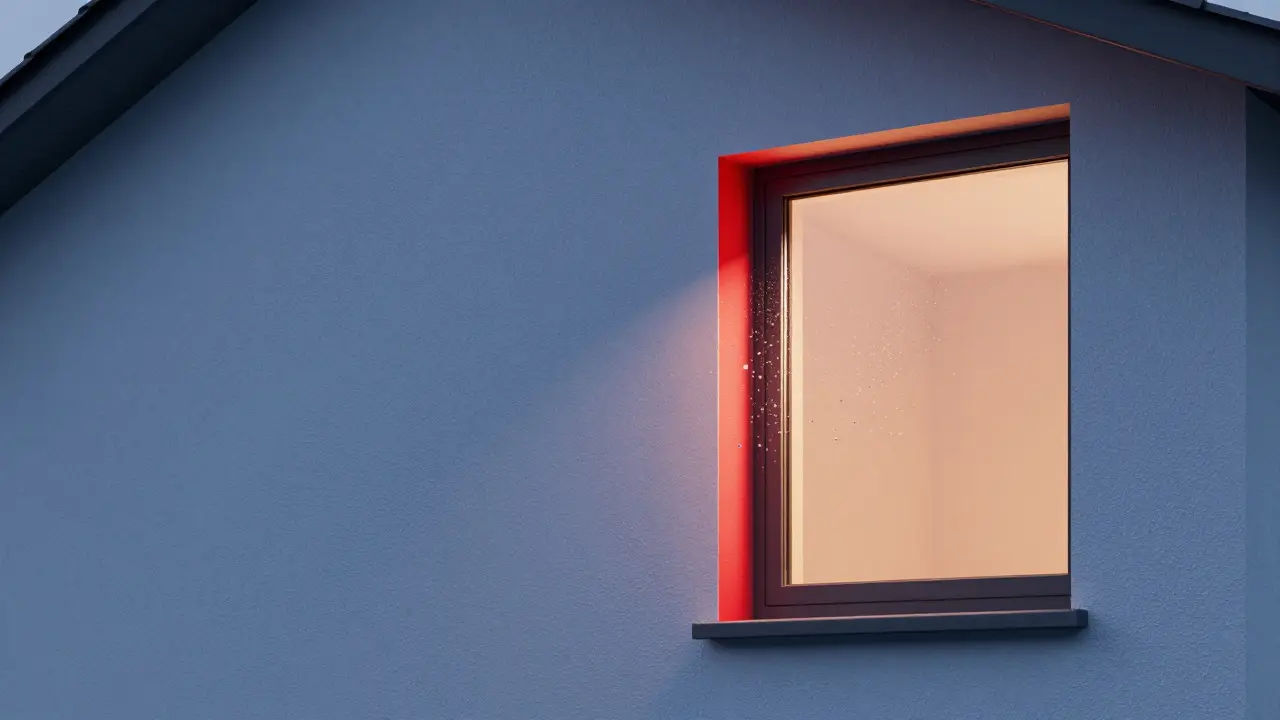 3D-Querschnitt einer Hauswand mit Markierung einer Wärmebrücke und Kondenswasser.