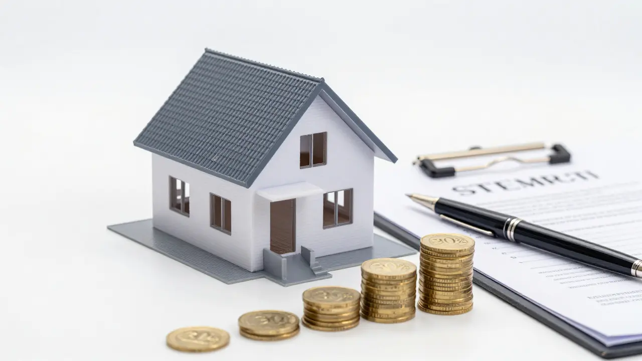 Architekturmodell eines Hauses mit Goldmünzen, die einen gestaffelten Zahlungsplan symbolisieren.