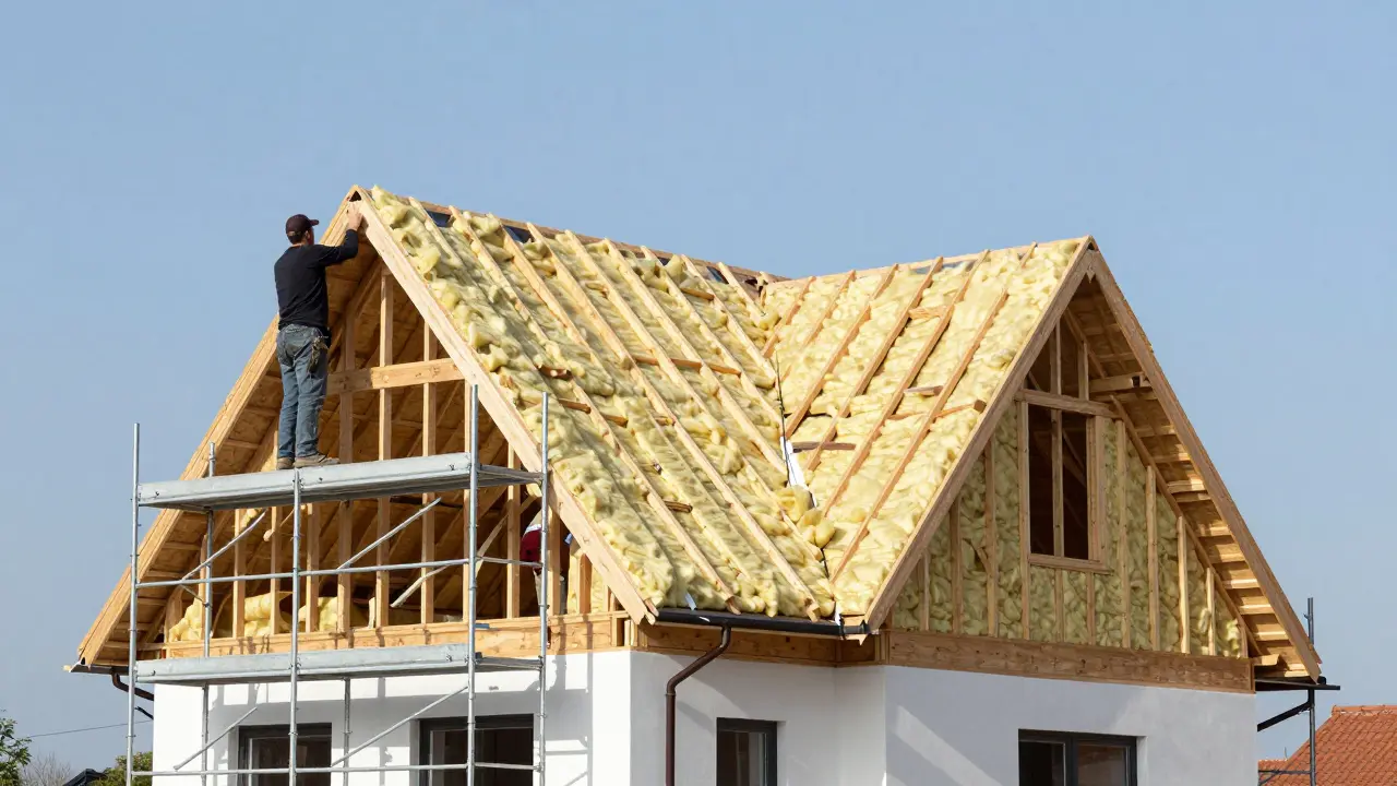 Bauarbeiter installieren moderne Dachdämmung auf einem Gerüst