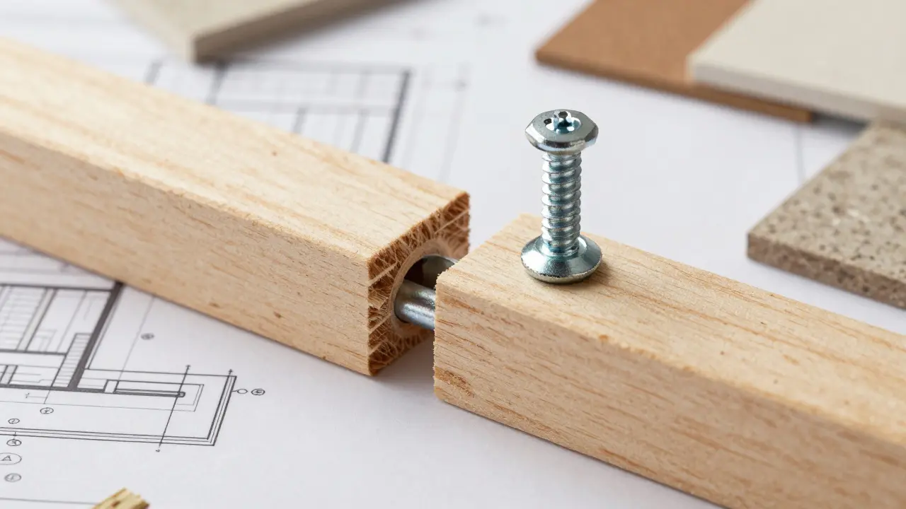 Detailvergleich zwischen einer verklebten Verbindung und einer demontierbaren Schraubverbindung in Holz.