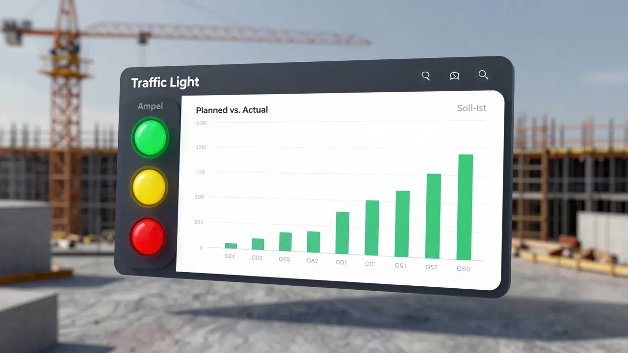 Digitales Controlling-Dashboard mit Ampelsystem für Kosten- und Zeitüberwachung.