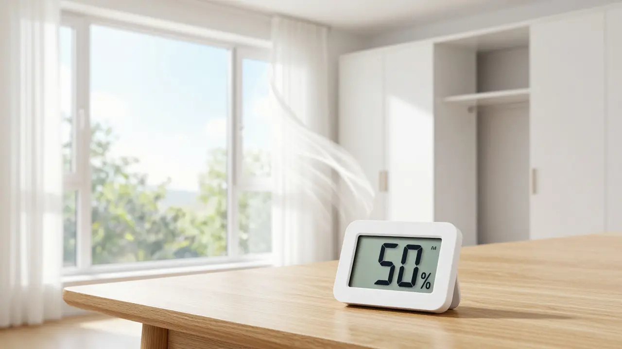 Digitales Hygrometer bei offenem Fenster zur effektiven Stoßlüftung.