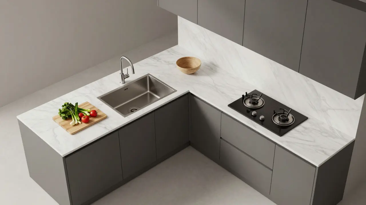 Draufsicht auf eine L-Küche mit Fokus auf der optimalen Vorbereitungsfläche zwischen Spüle und Herd.