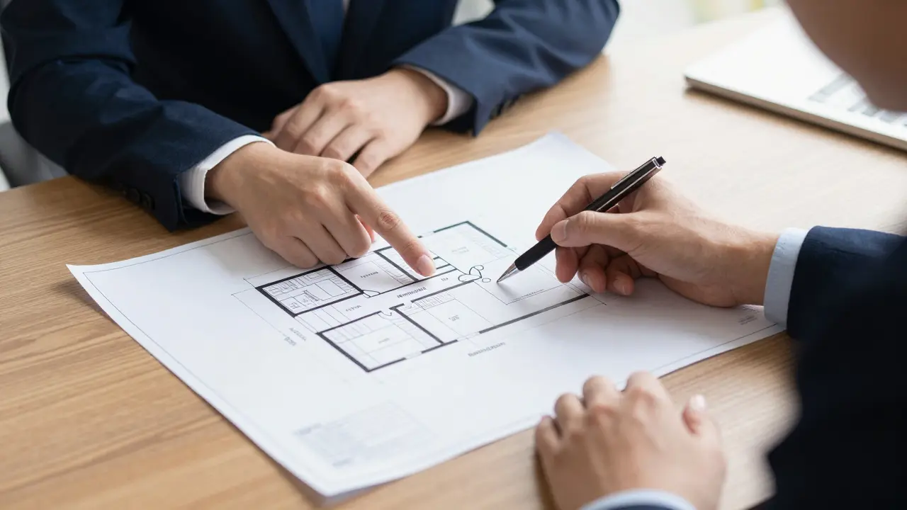 Ein Anwalt und ein Mandant analysieren gemeinsam einen Bebauungsplan auf einem Tisch.