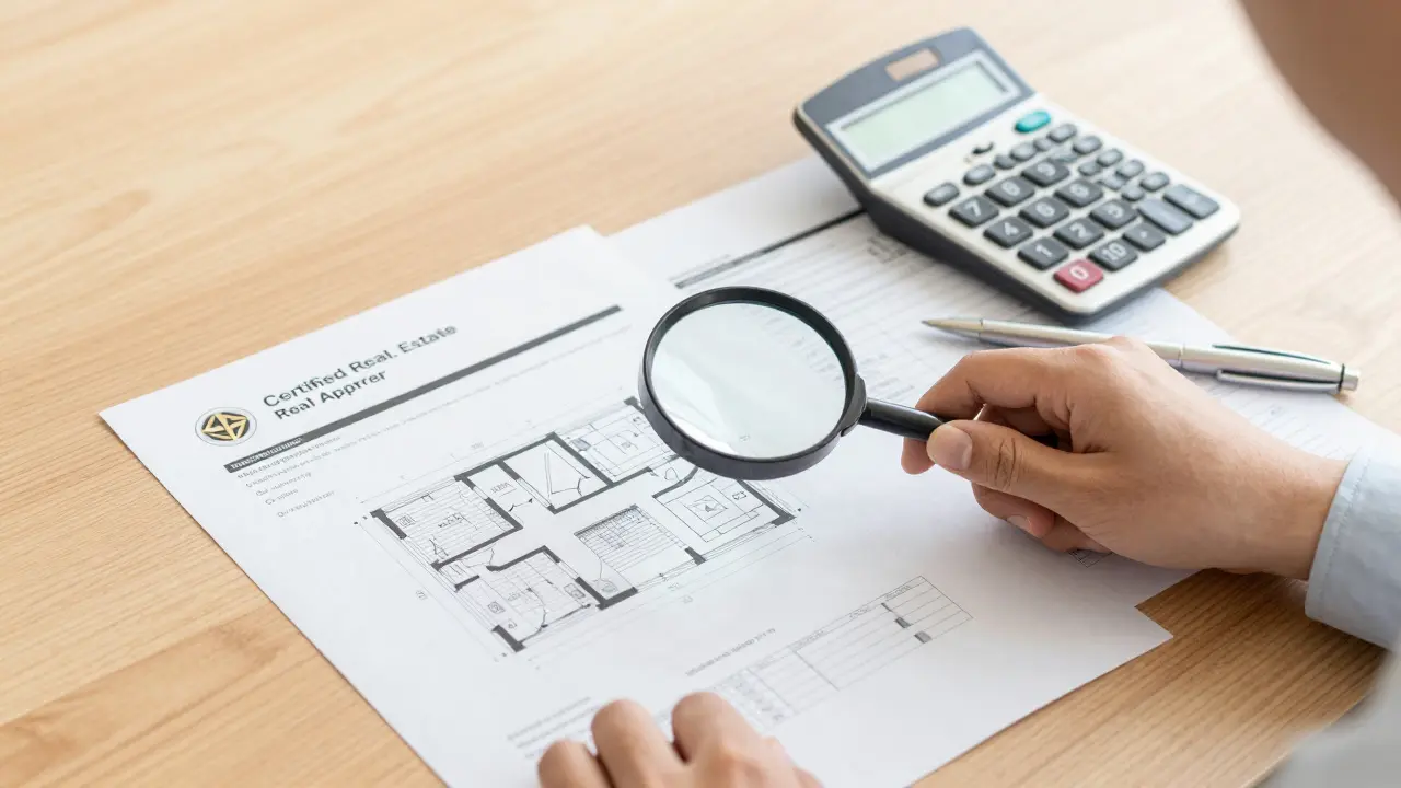 Ein Immobiliengutachter prüft Grundrisse und Bewertungsunterlagen auf einem Schreibtisch.