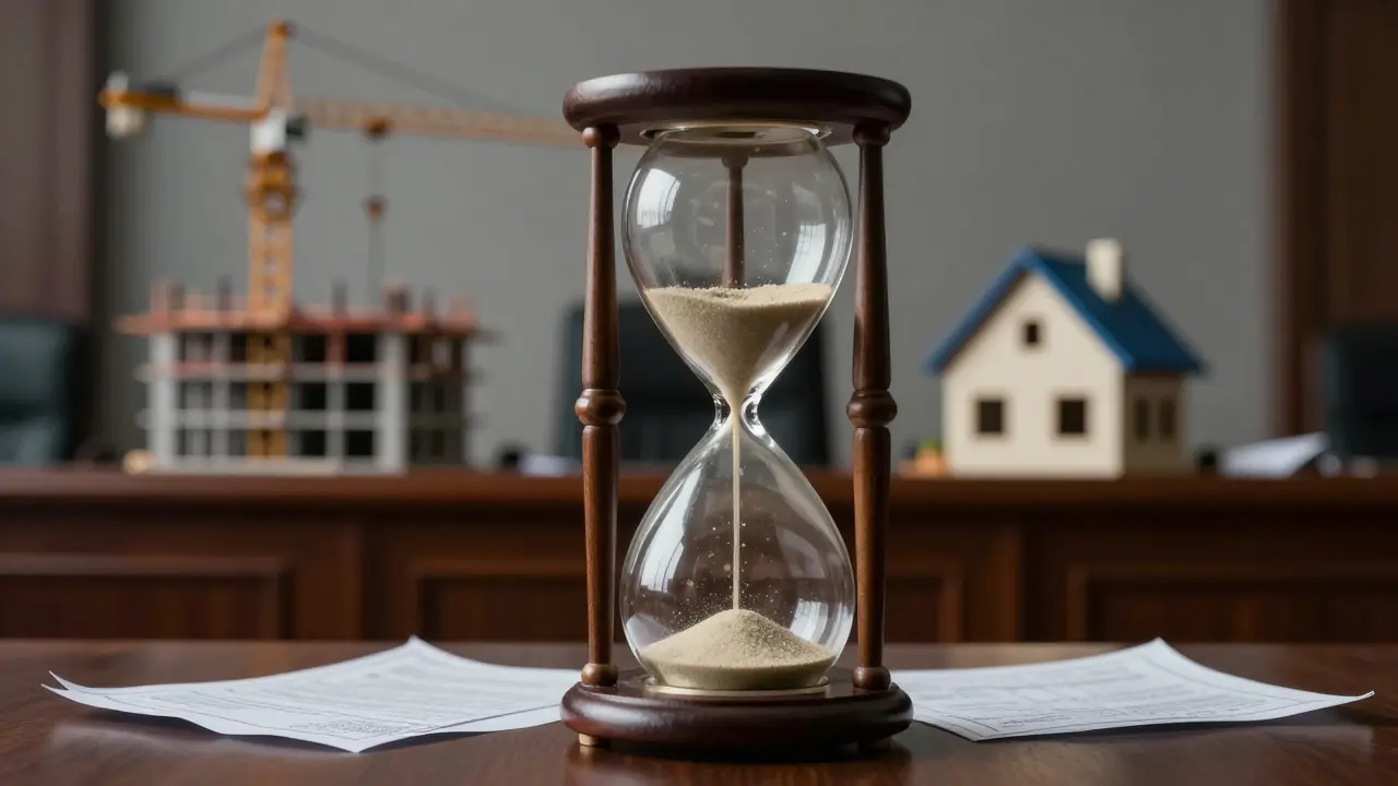 Eine Sanduhr mit Bauplänen in einem Gerichtssaal, die den Zeitdruck bei Baugenehmigungsstreits symbolisiert.