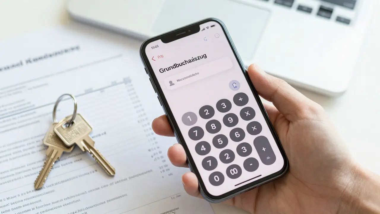 Finanzplanung für Immobilienkauf mit Grundbuchauszug und Taschenrechner