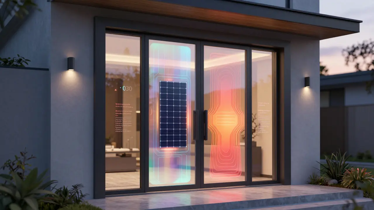 Futuristische Haustür mit integrierten transparenten Solarzellen und aktiver Wärmedämmung.