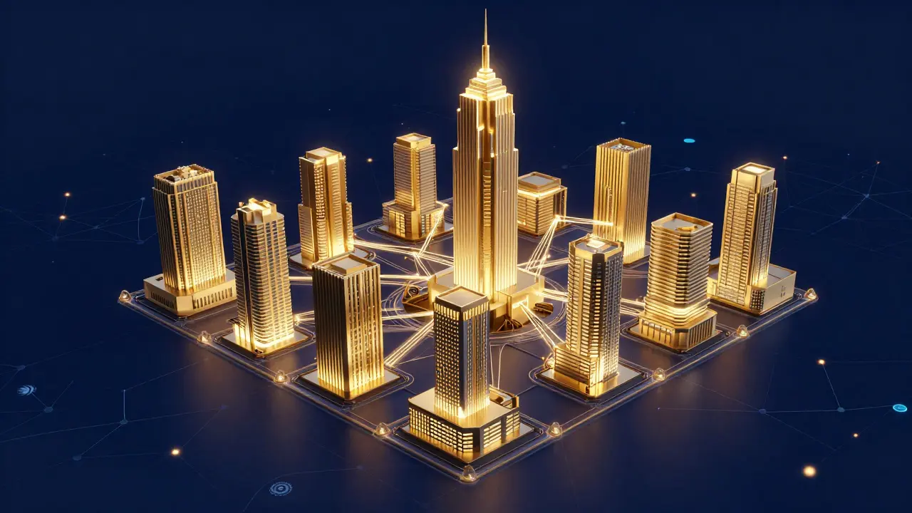 Futuristisches Netzwerk aus Gebäuden und Datenströmen für KI-Immobilienverwaltung