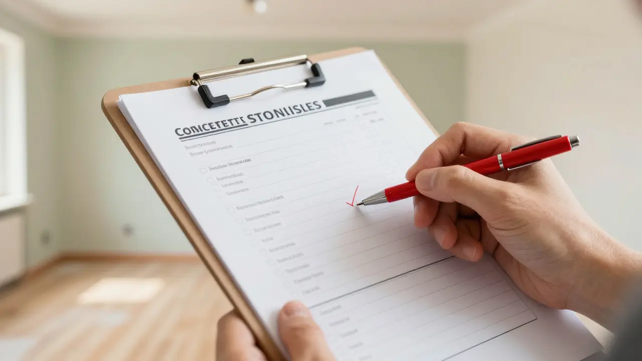 Hand mit einer Checkliste vor einem frisch sanierten Hauszimmer zur Endabnahme.