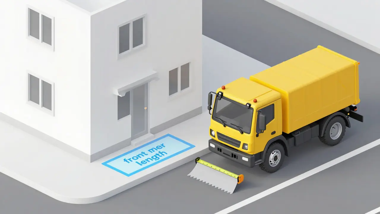 Isometrische Darstellung der Frontmeterlänge eines Grundstücks mit Straßenkehrwagen