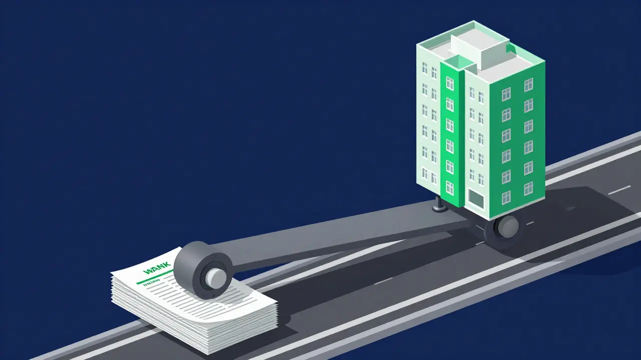 Isometrische Illustration eines Hebels, der ein Mietshaus anhebt.