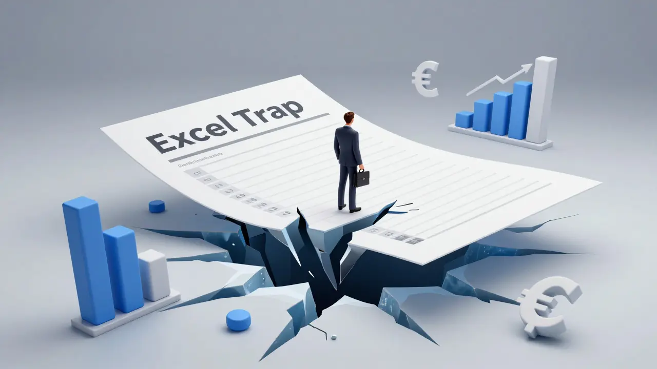 Konzeptbild eines Geschäftsmanns auf einer zerbrechenden Excel-Tabelle, die Finanzrisiken symbolisiert.