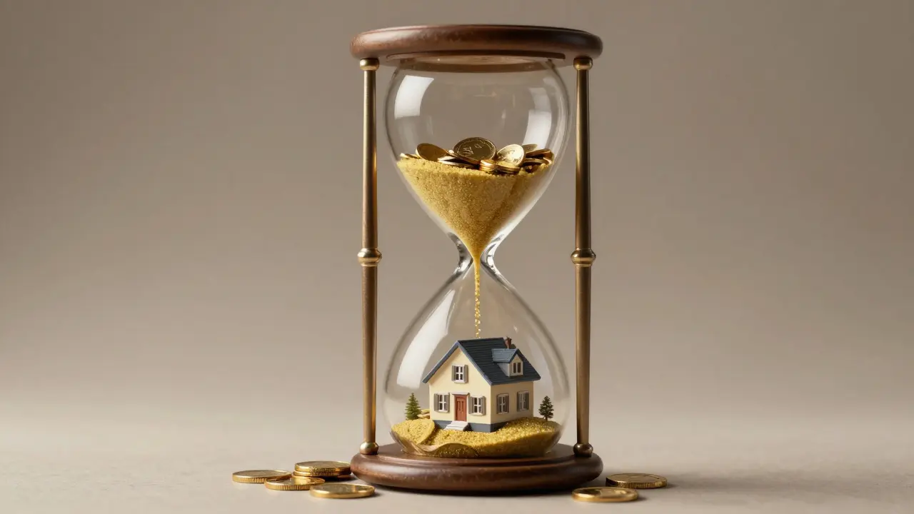 Konzeptuelle Darstellung der Umwandlung eines Hauses in Geld durch eine Sanduhr.