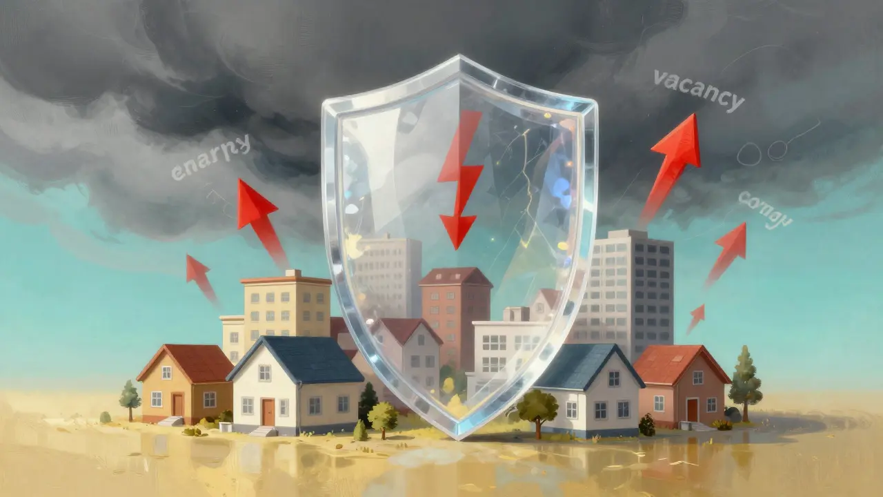 Kristalliner Schutzschild, der Immobilien vor finanziellen Risiken und Kostensteigerungen bewahrt.