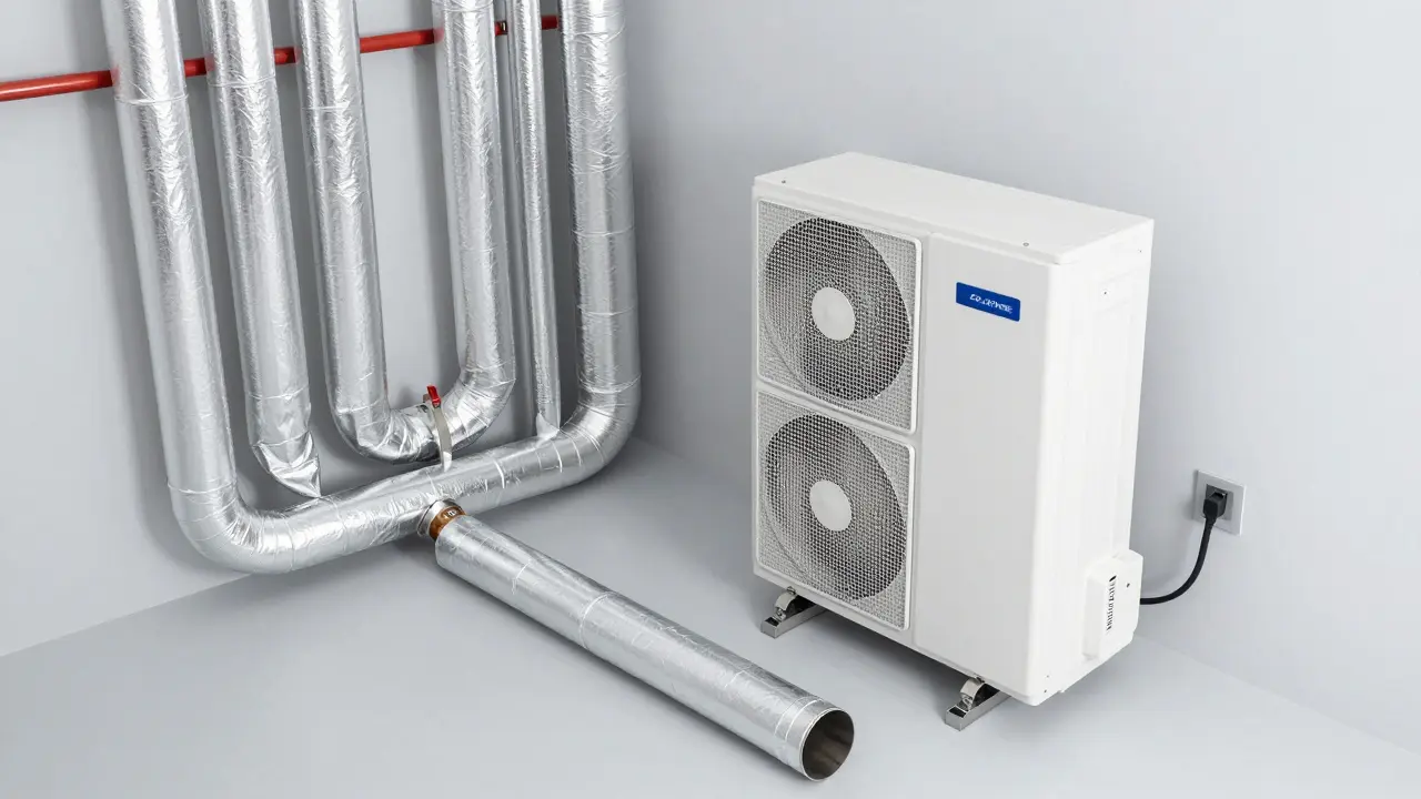 Moderne Wärmepumpe mit fachgerecht gedämmten Heizungsrohren in einem Keller