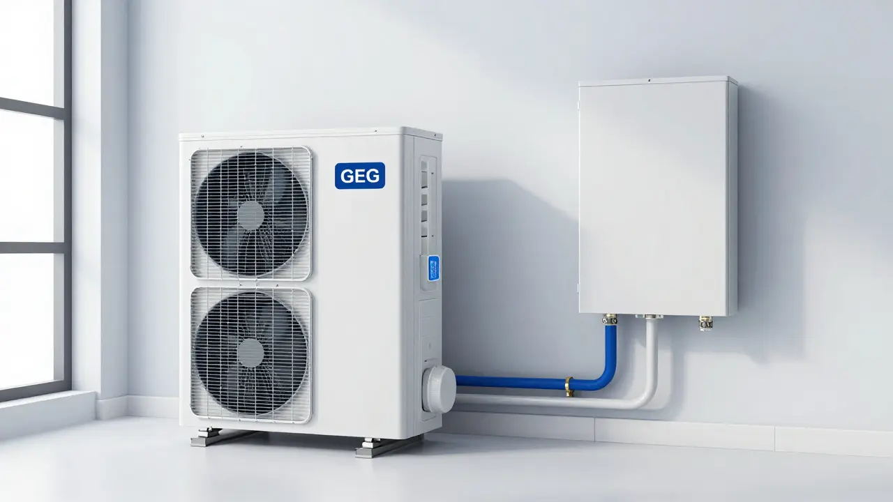 Moderne Wärmepumpe und Elektroinstallation im Keller eines energieeffizienten Neubaus.