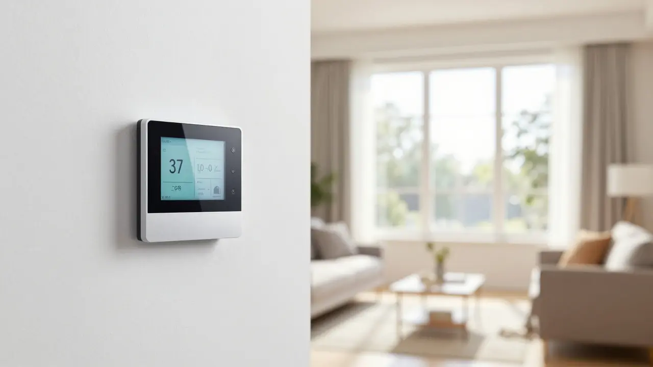 Moderner smarter Thermostat an einer weißen Wand in einem gemütlichen Wohnzimmer