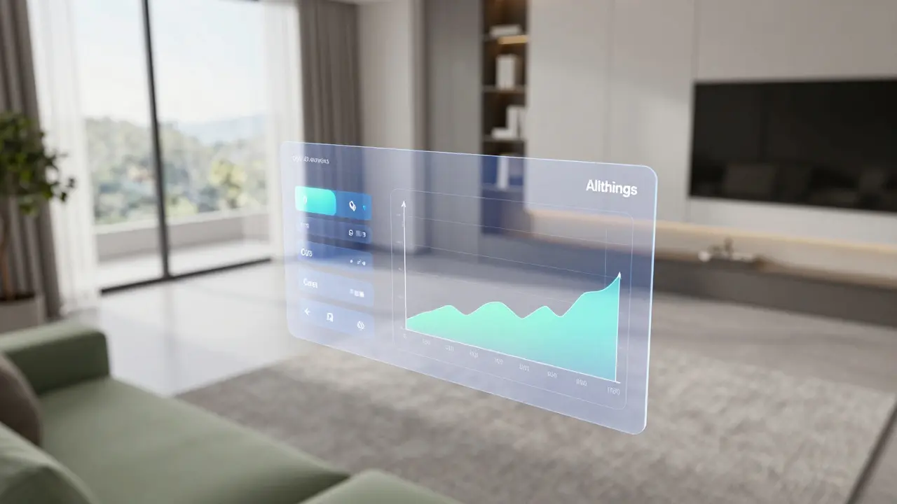 Modernes Apartment mit digitalem Overlay zur Energie- und Hausverwaltung