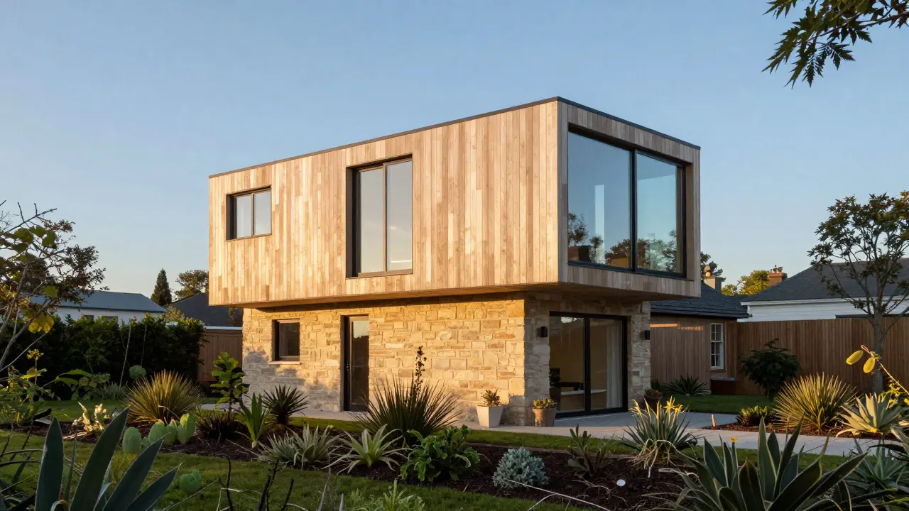 Modernes, modular aufgestocktes Haus mit Holzbauweise und energieeffizienter Architektur.