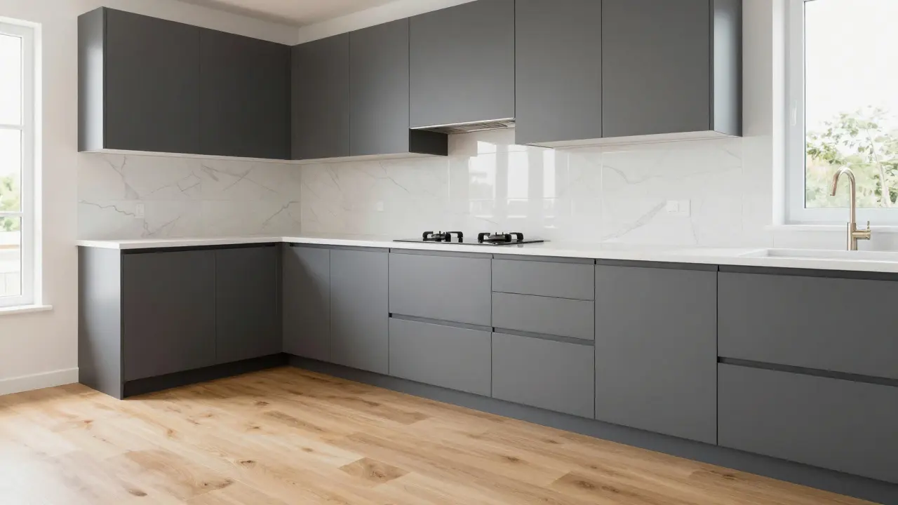 Modernisierte Küche mit grauen Fronten und Marmor-Klebefliesen