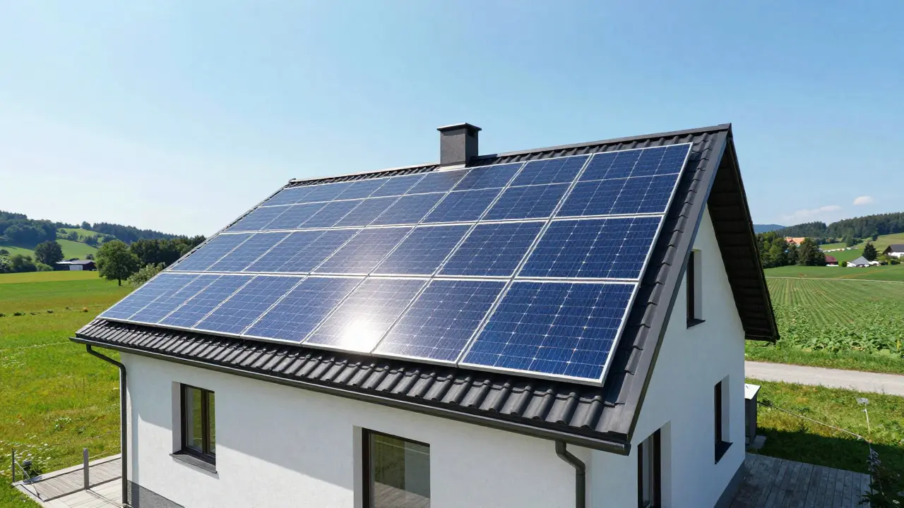 Modernisiertes Haus mit neuem Dach und installierten Solarmodulen