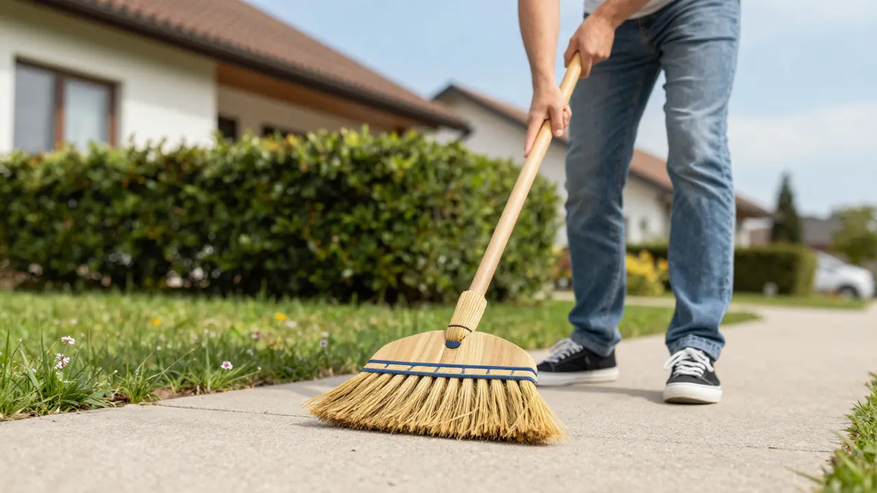 Person fegt den Gehweg vor einem Haus zur Ersparnis von Gebühren