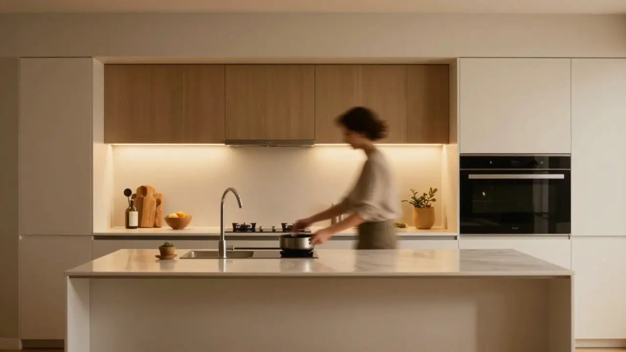 Person in einer ergonomisch geplanten Küche, die sich mühelos und stressfrei zwischen den Arbeitsstationen bewegt.