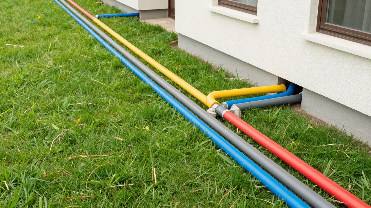 Querschnitt der Erde mit parallel verlaufenden Leitungen für Strom, Wasser und Gas.