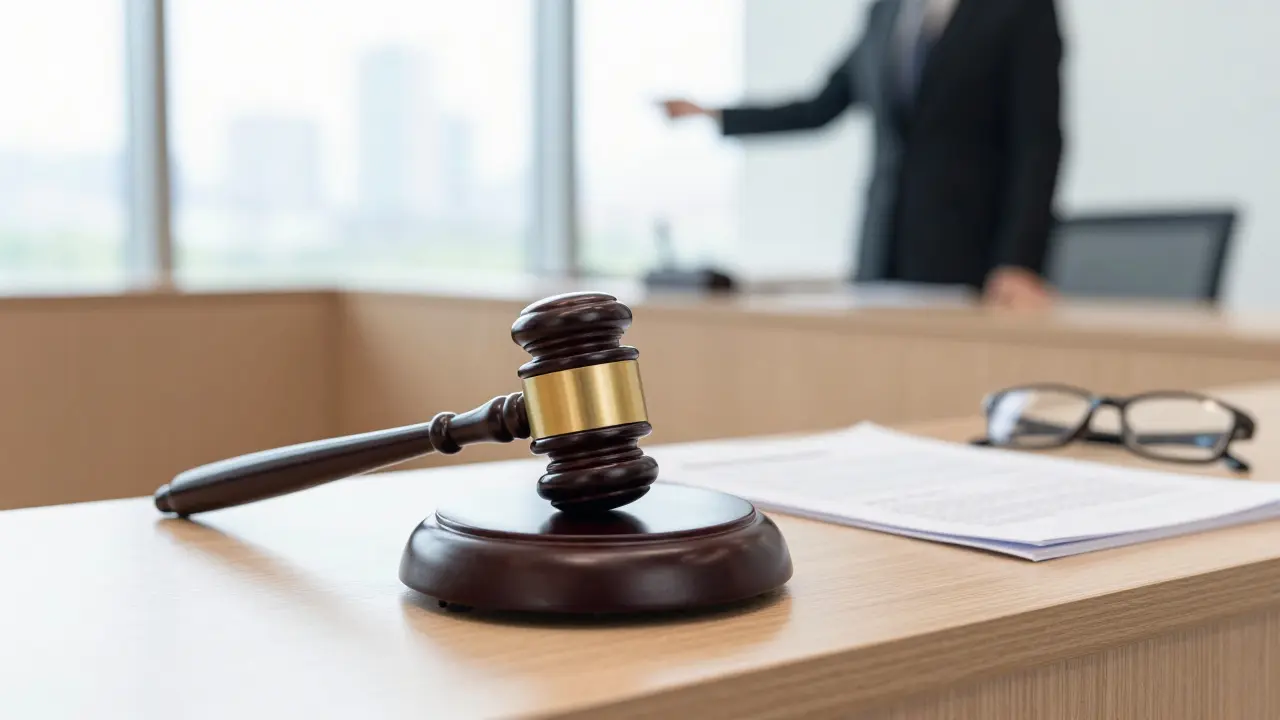 Richterhammer und Gerichtsdokumente in einem hellen, modernen Gerichtssaal.