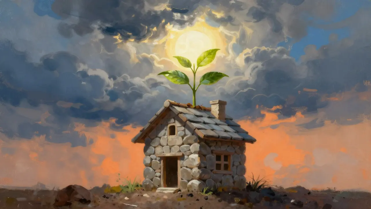 Sichere Hausgründung mit wachsender Pflanze unter blauem Himmel