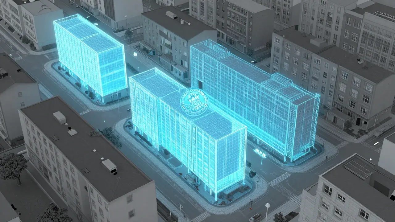 Städtische Bebauung mit blauem Planungsraster und einem offiziellen Siegel über einem Haus.