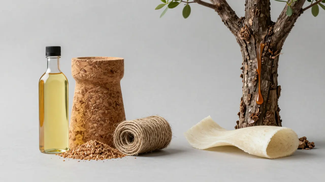 Vergleich der Rohstoffe Leinöl, Jute und Naturkautschuk