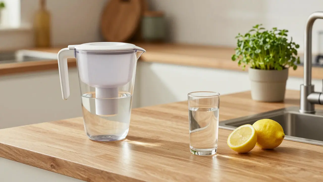 Verschiedene Wasserfiltersysteme in einer hellen, modernen Küche.