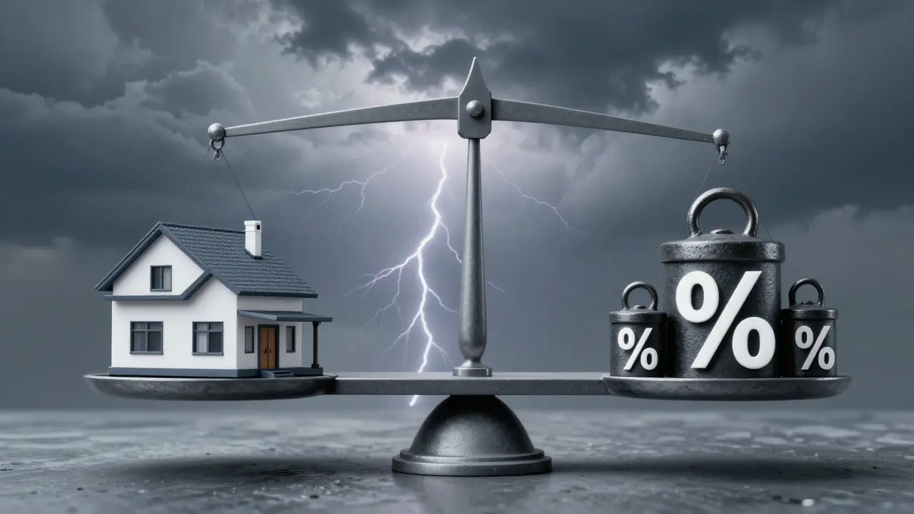 Waage mit einem Haus und schweren Gewichten vor einem Gewitterhimmel.