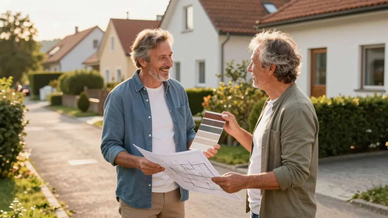 Zwei Nachbarn besprechen freundlich Sanierungspläne vor ihrem Reihenhaus