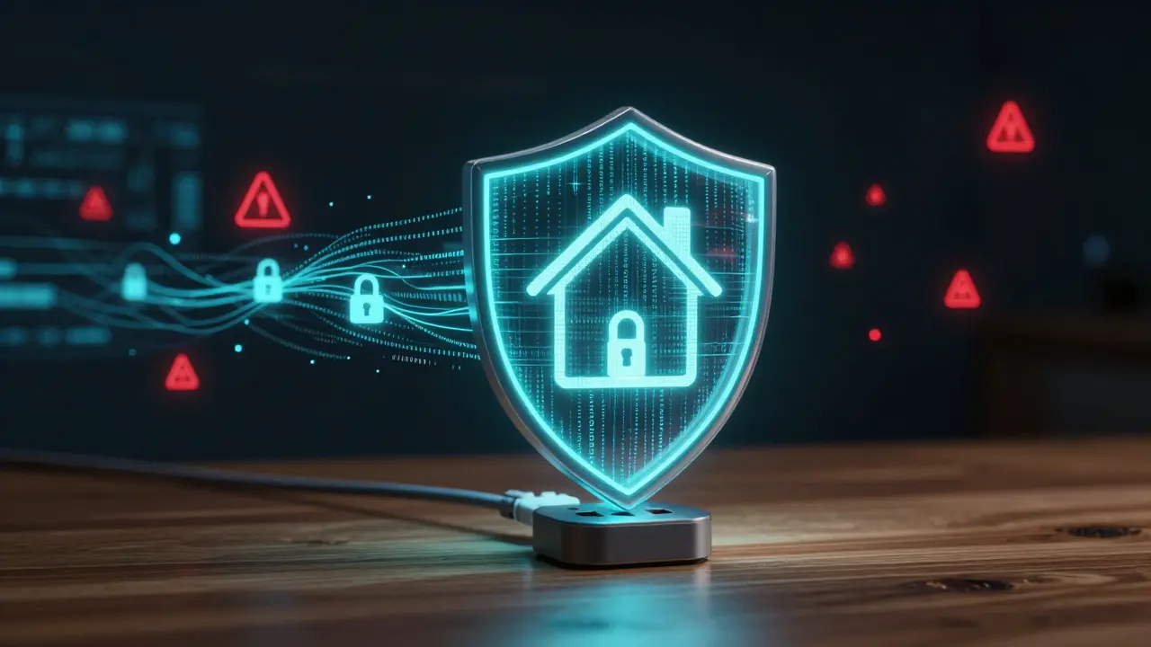Abstrakte Visualisierung von Datenschutz: Smart Plug sendet verschlüsselte Daten als Schutzschild.