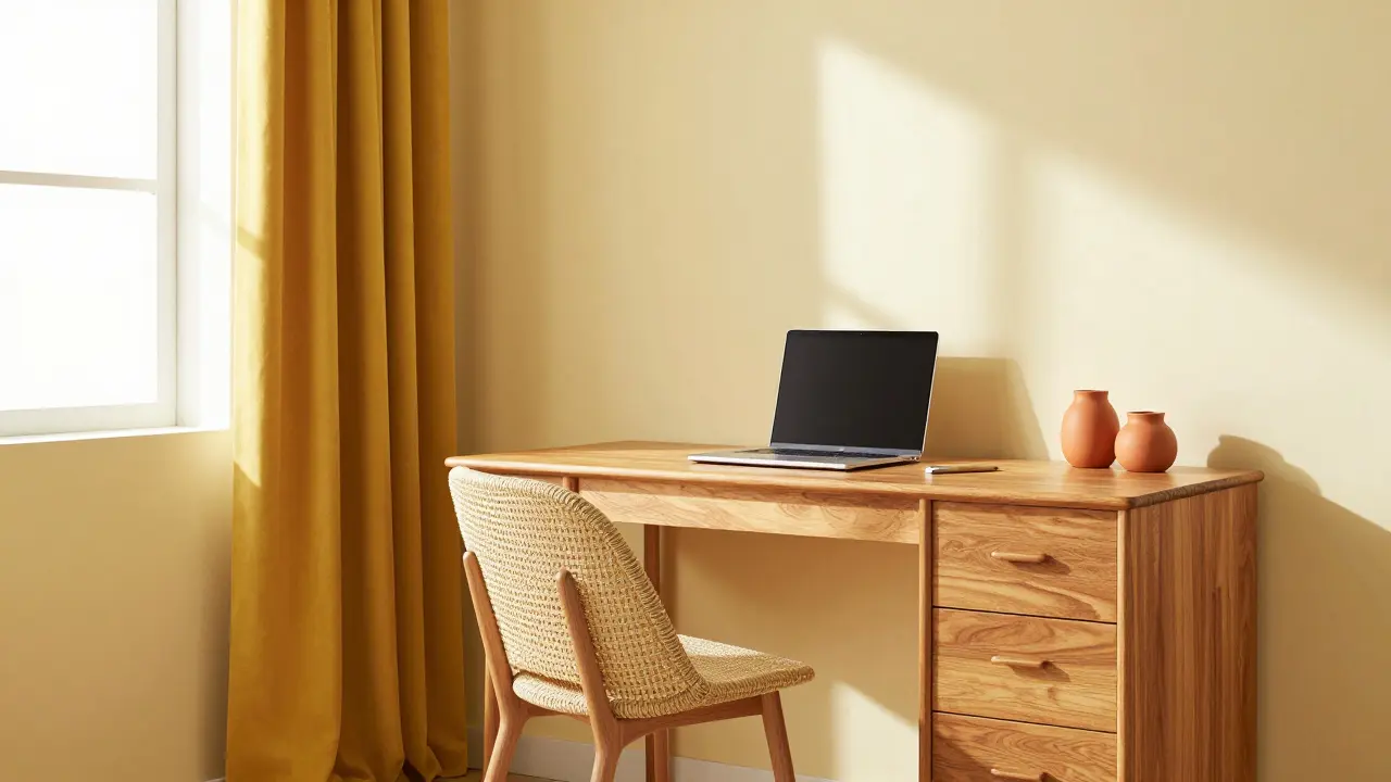 Arbeitszimmer mit analogem Farbschema: Gelb, Gold und Orange-Töne.