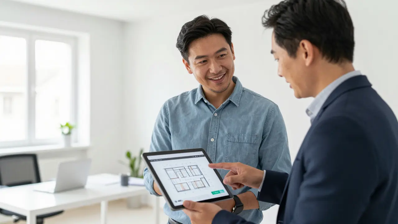 Architekt und Behörde besprechen Baupläne gemeinsam am Tablet